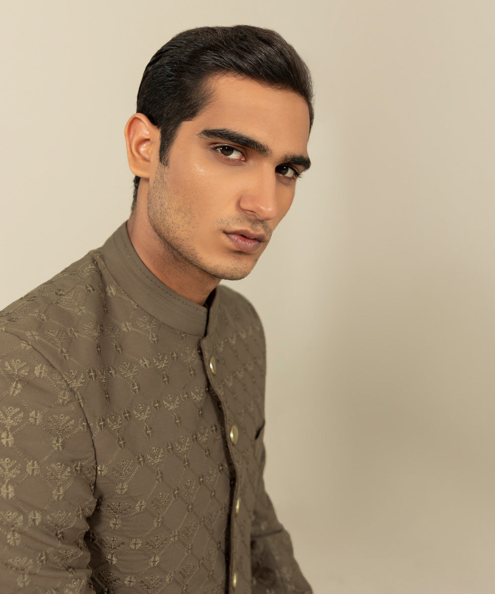 Men's Festive Stitched Cotton Embroidered Brown Straight Hem Sherwani