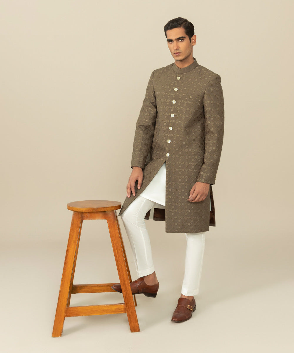 Men's Festive Stitched Cotton Embroidered Brown Straight Hem Sherwani