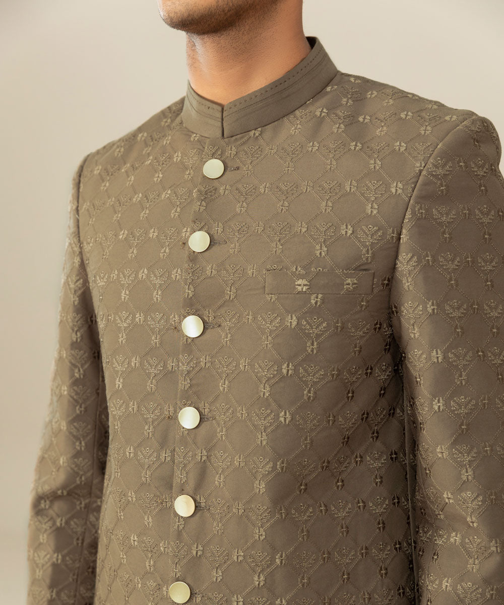 Men's Festive Stitched Cotton Embroidered Brown Straight Hem Sherwani