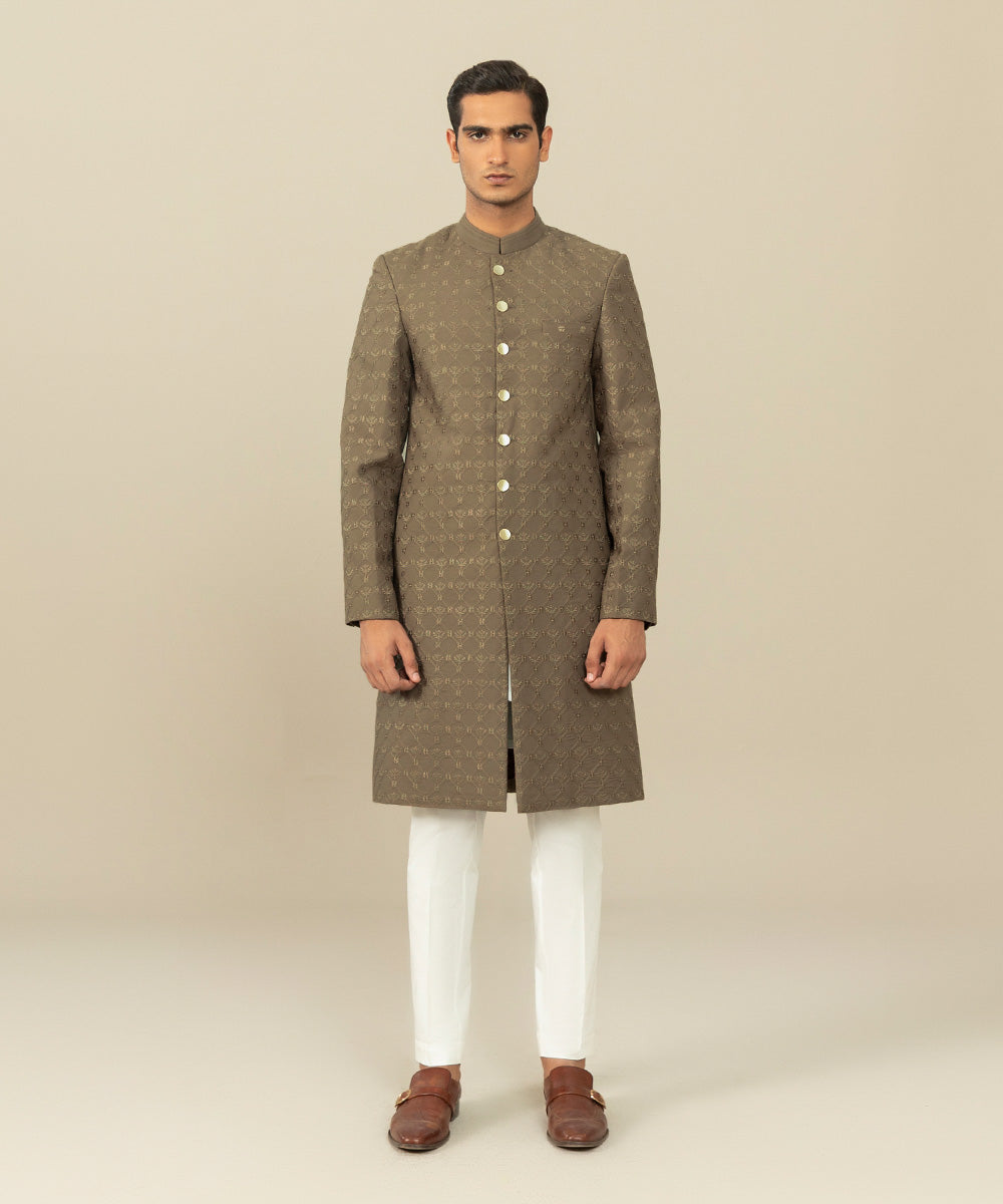 Men's Festive Stitched Cotton Embroidered Brown Straight Hem Sherwani