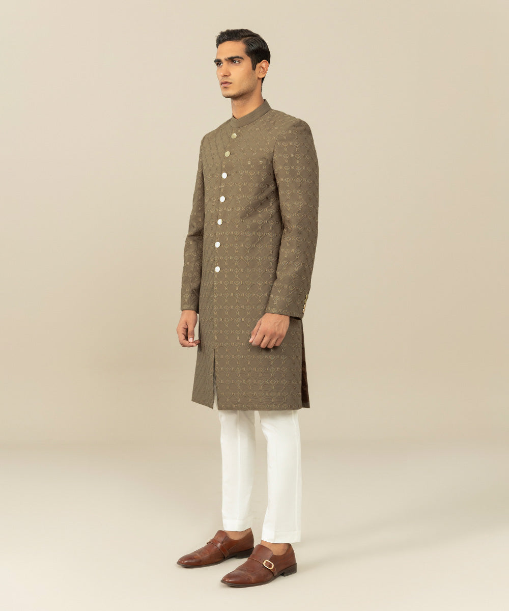 Men's Festive Stitched Cotton Embroidered Brown Straight Hem Sherwani