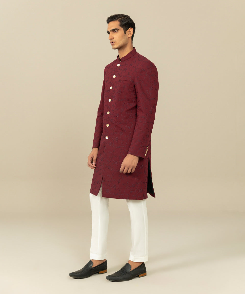 Men's Festive Stitched Cotton Embroidered Maroon Straight Hem Sherwani