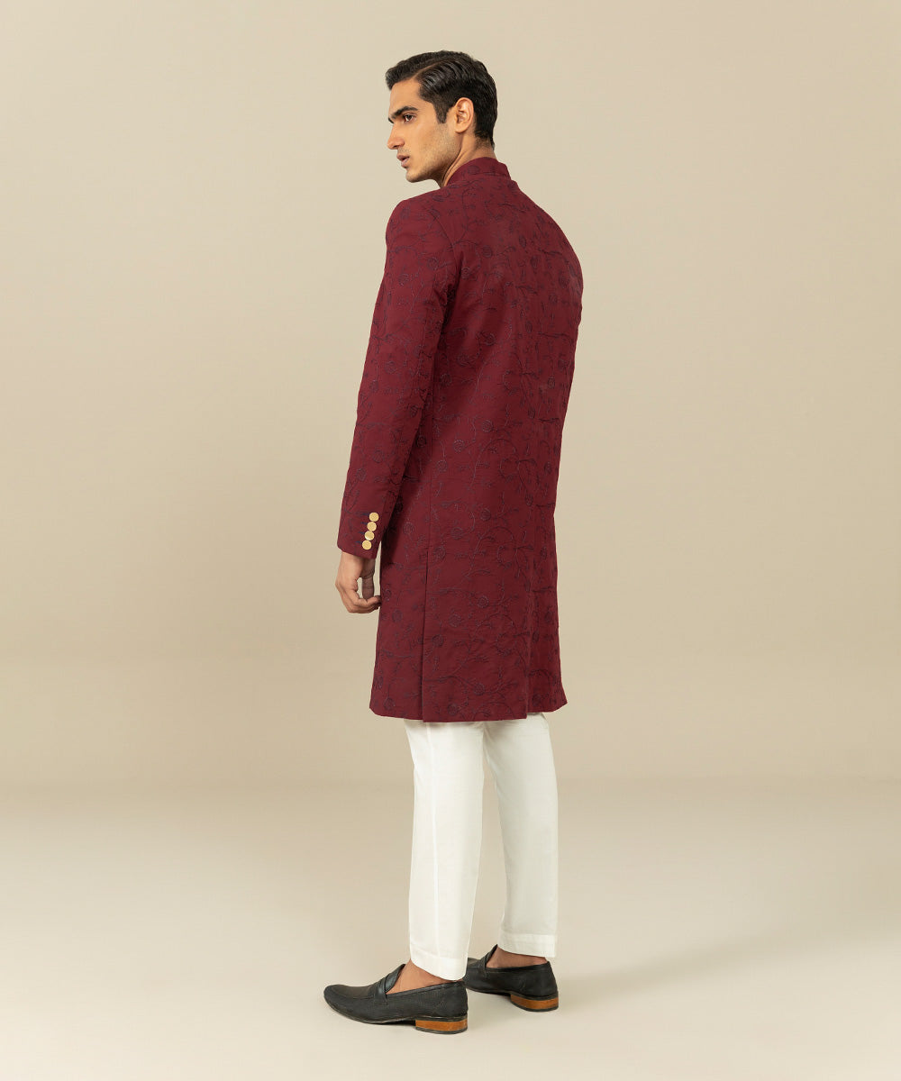 Men's Festive Stitched Cotton Embroidered Maroon Straight Hem Sherwani