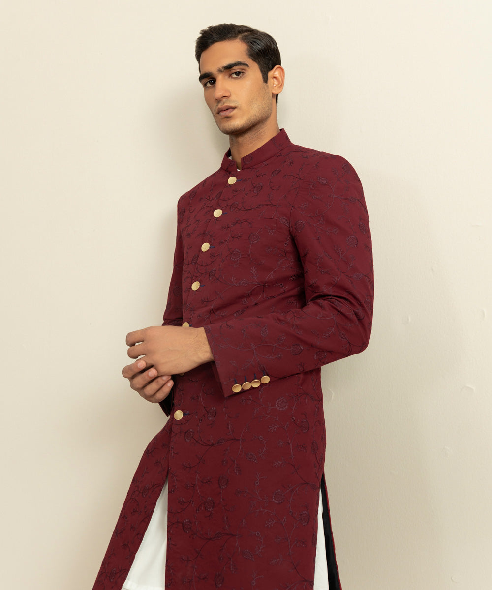 Men's Festive Stitched Cotton Embroidered Maroon Straight Hem Sherwani