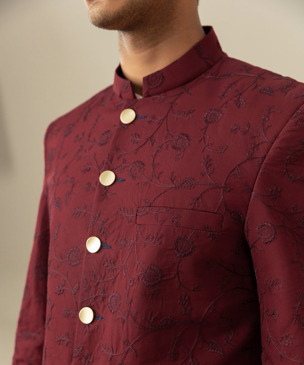 Men's Festive Stitched Cotton Embroidered Maroon Straight Hem Sherwani