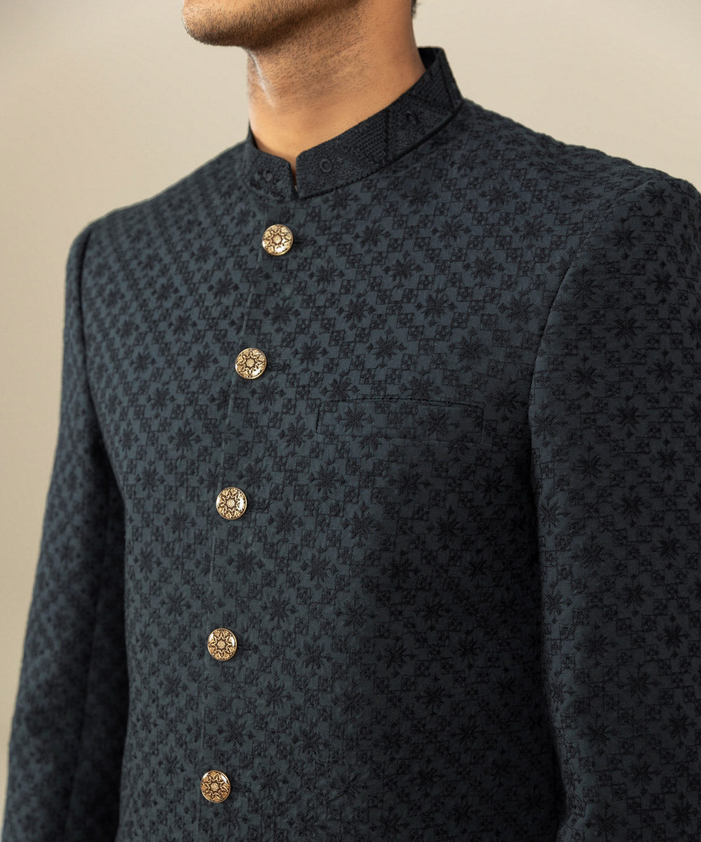 Men's Festive Stitched Cotton Embroidered Black Straight Hem Sherwani