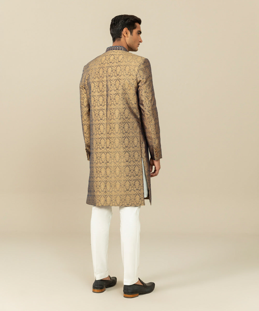 Men's Festive Stitched Jamawar Embroidered Golden Straight Hem Sherwani