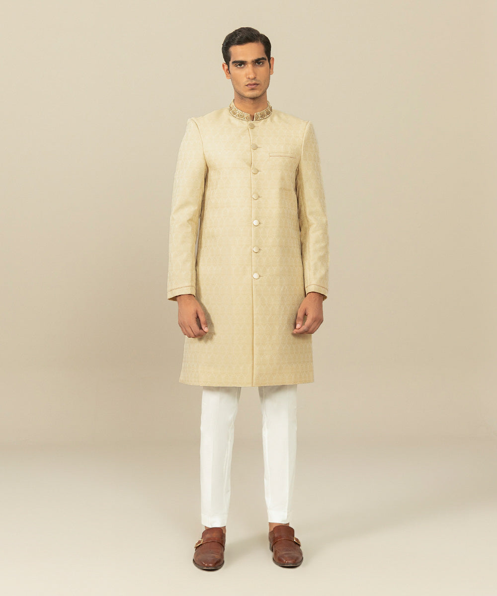 Men's Festive Stitched Jamawar Embroidered Beige Straight Hem Sherwani