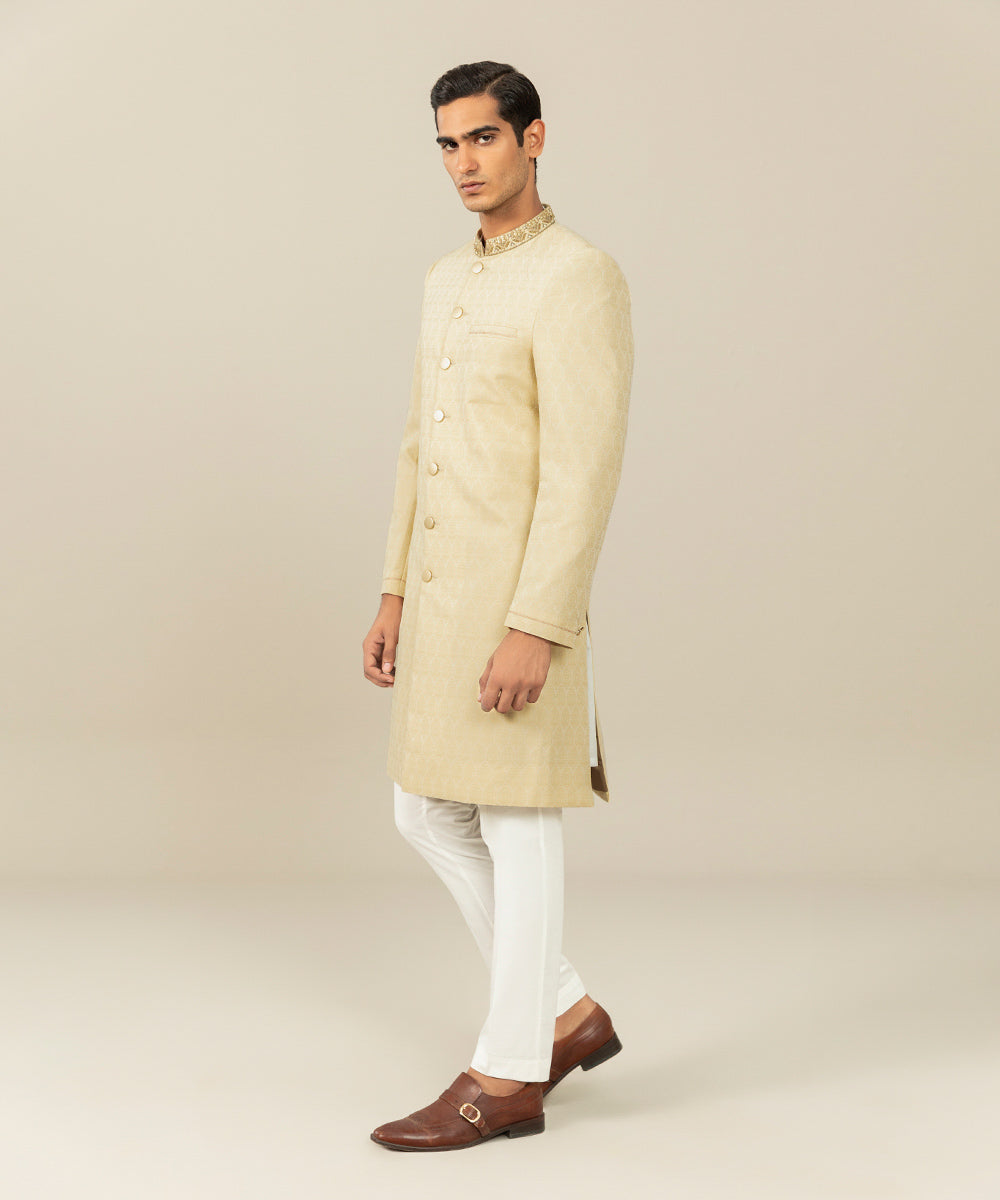 Men's Festive Stitched Jamawar Embroidered Beige Straight Hem Sherwani