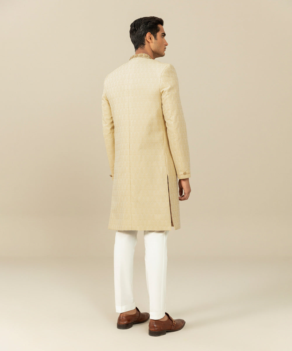 Men's Festive Stitched Jamawar Embroidered Beige Straight Hem Sherwani