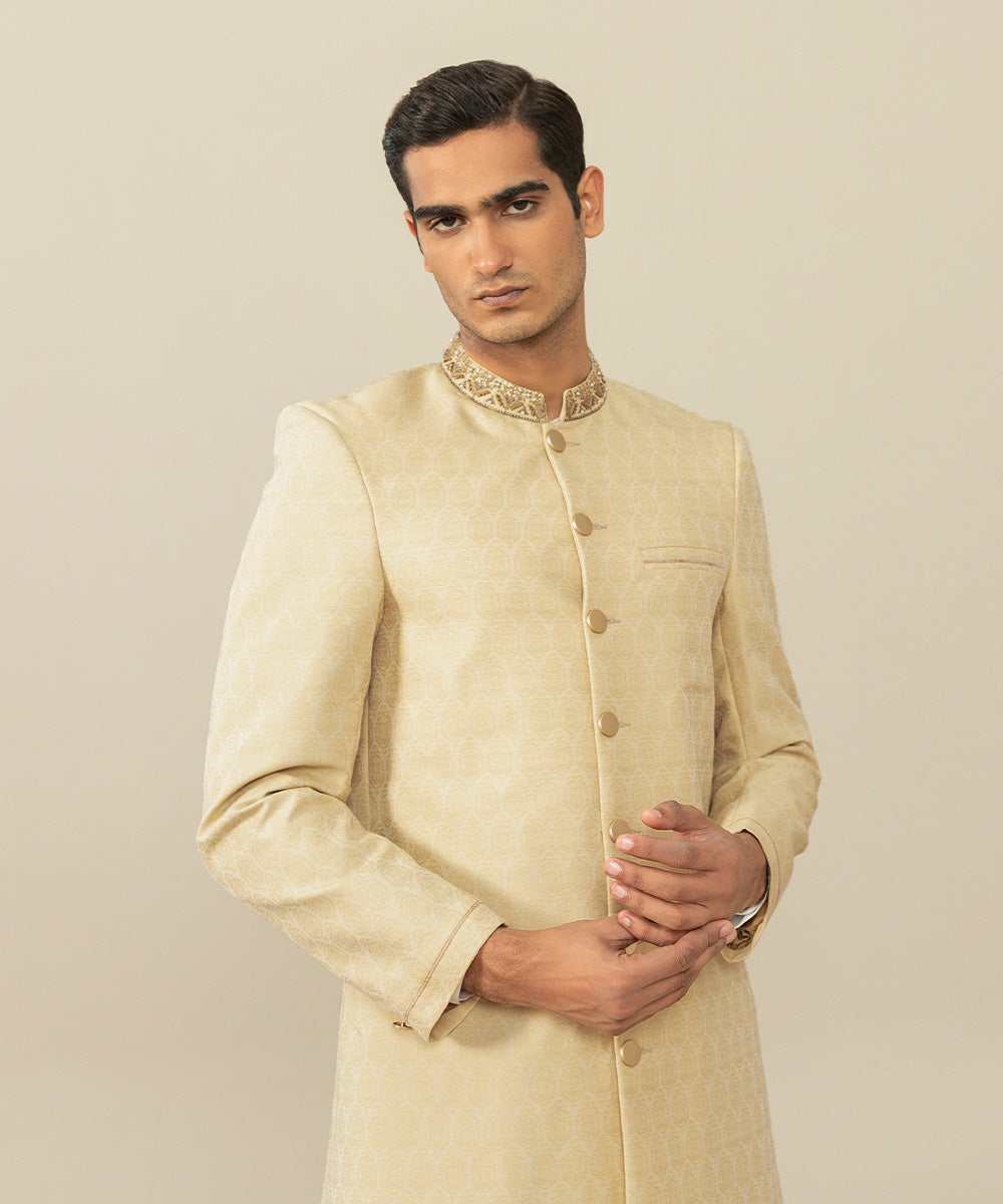 Men's Festive Stitched Jamawar Embroidered Beige Straight Hem Sherwani