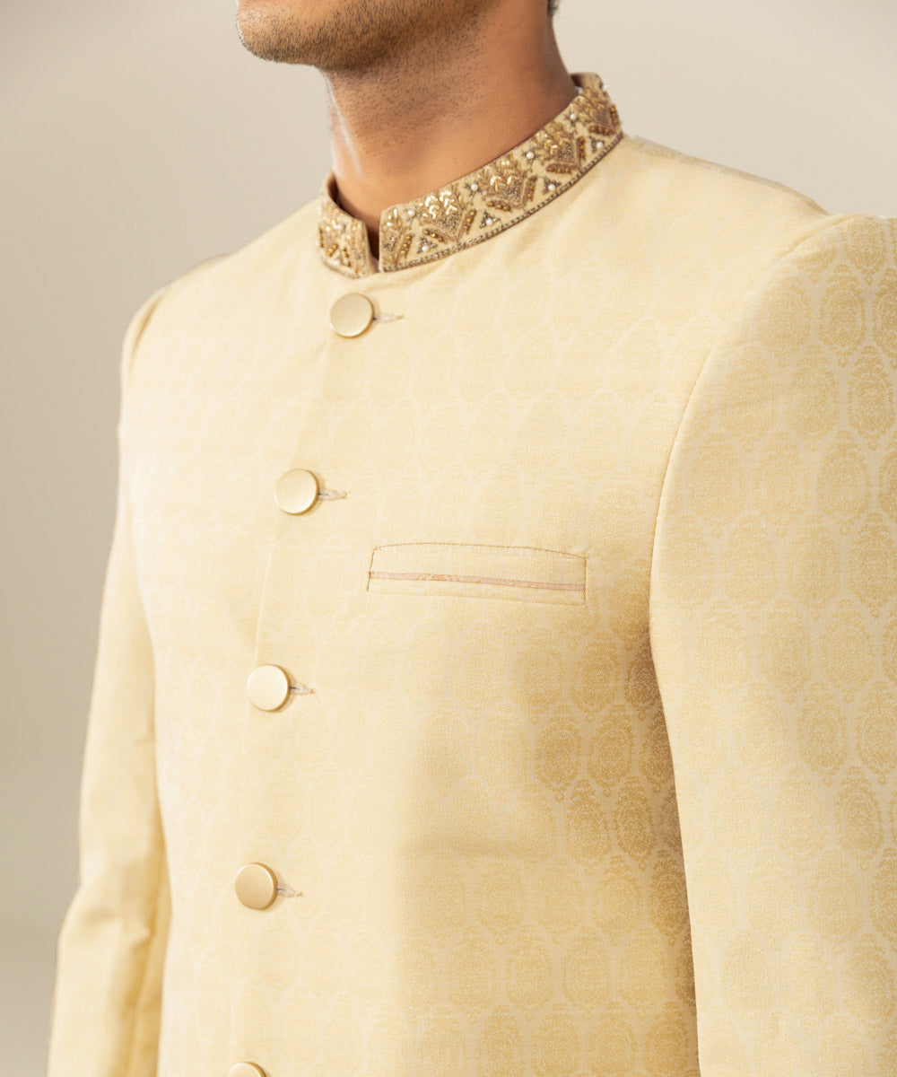 Men's Festive Stitched Jamawar Embroidered Beige Straight Hem Sherwani