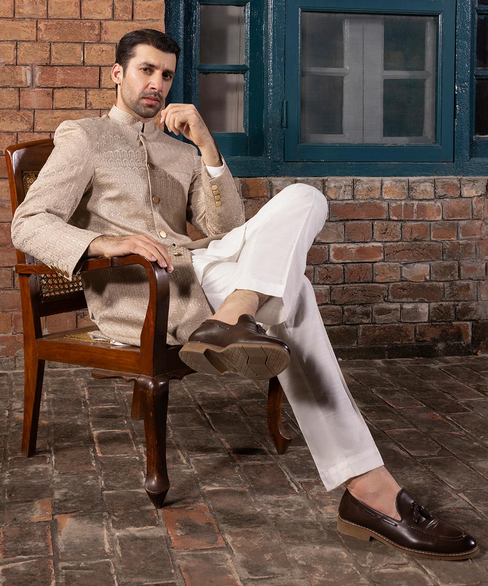 Men's Stitched Beige Cotton Sherwani