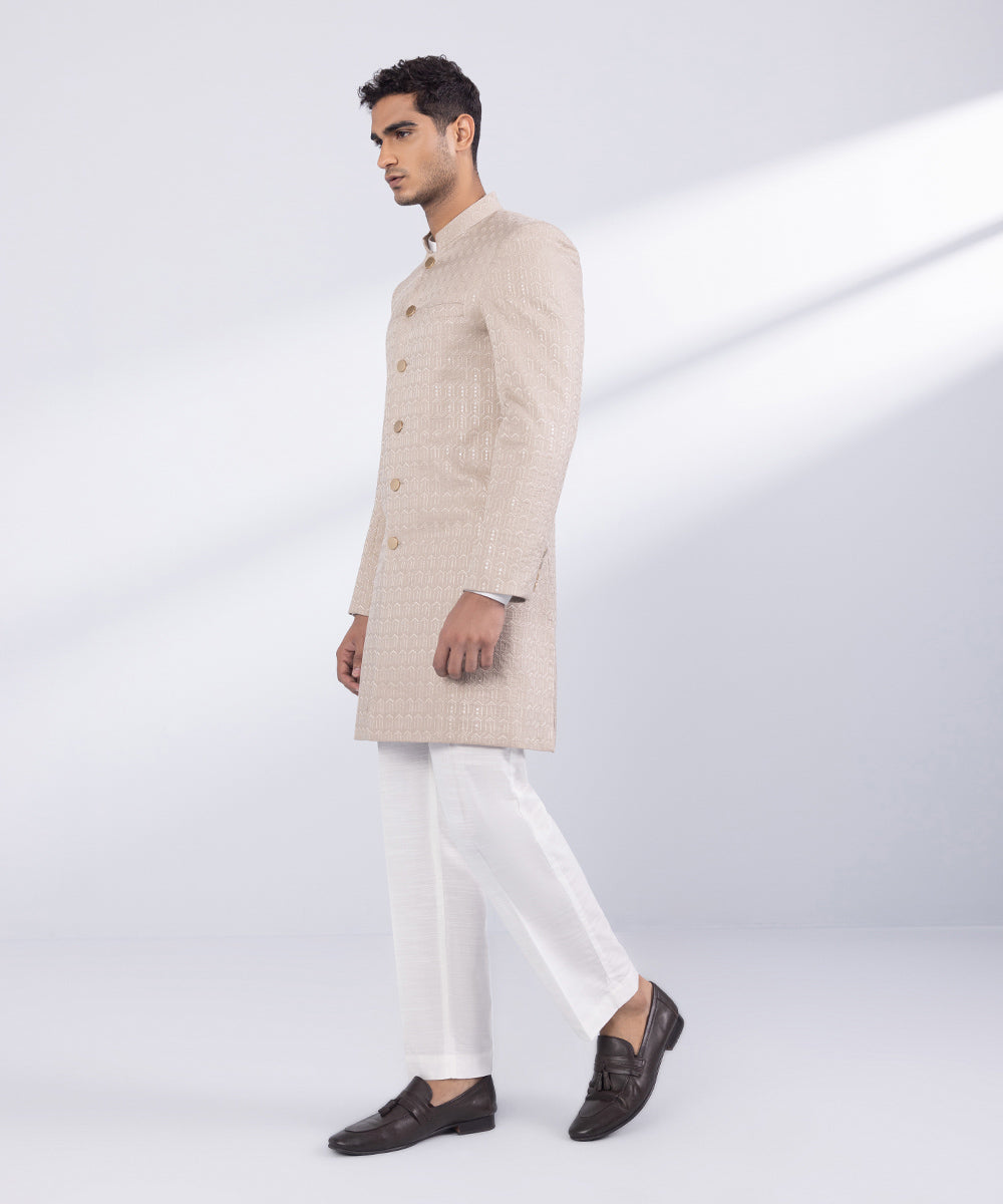 Men's Stitched Beige Cotton Sherwani