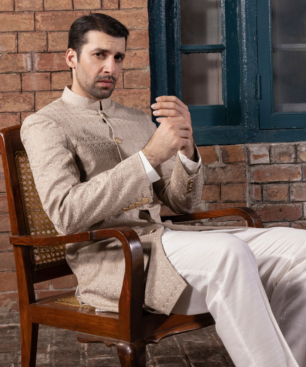 Men's Stitched Beige Cotton Sherwani