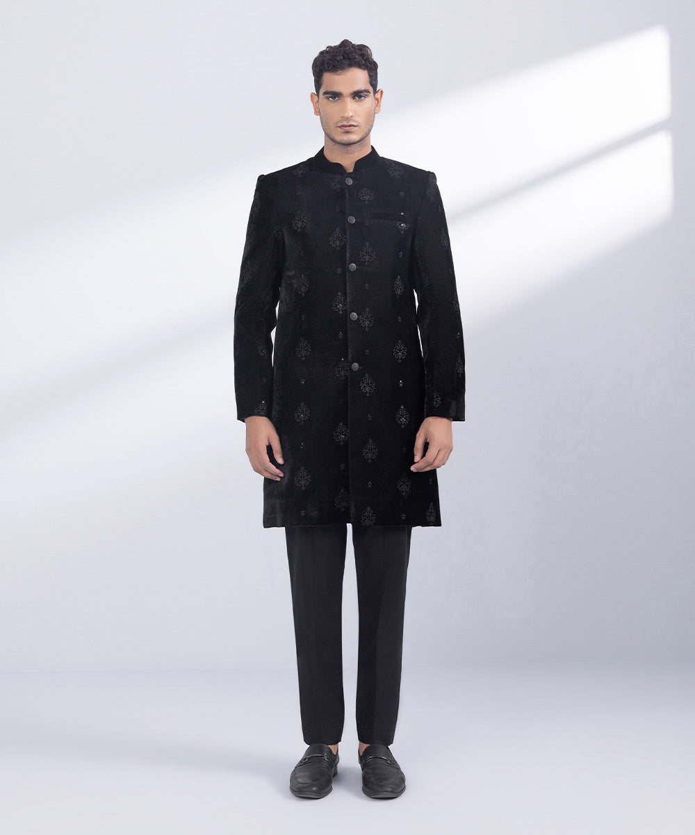 Men's Stitched Black Velvet Sherwani