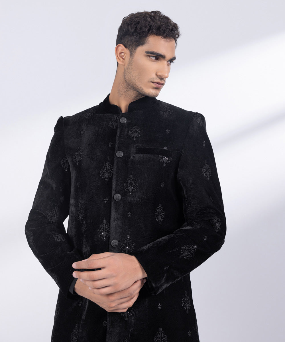 Men's Stitched Black Velvet Sherwani