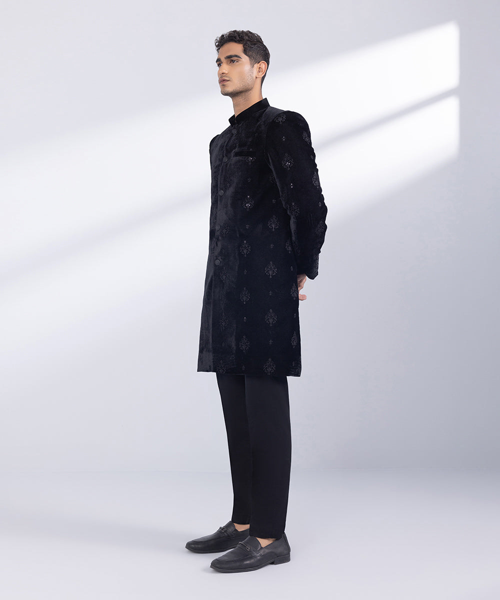 Men's Stitched Black Velvet Sherwani