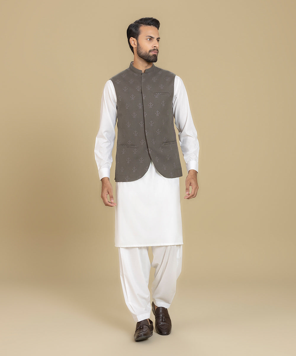 Woven Dupion Silk Kurta Jacket Set in White and Navy Blue : MTX1730