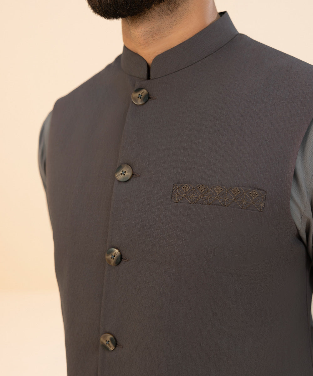 Men's Stitched Blended Fabric Dark Mauve Round Hem Embroidered Waistcoat