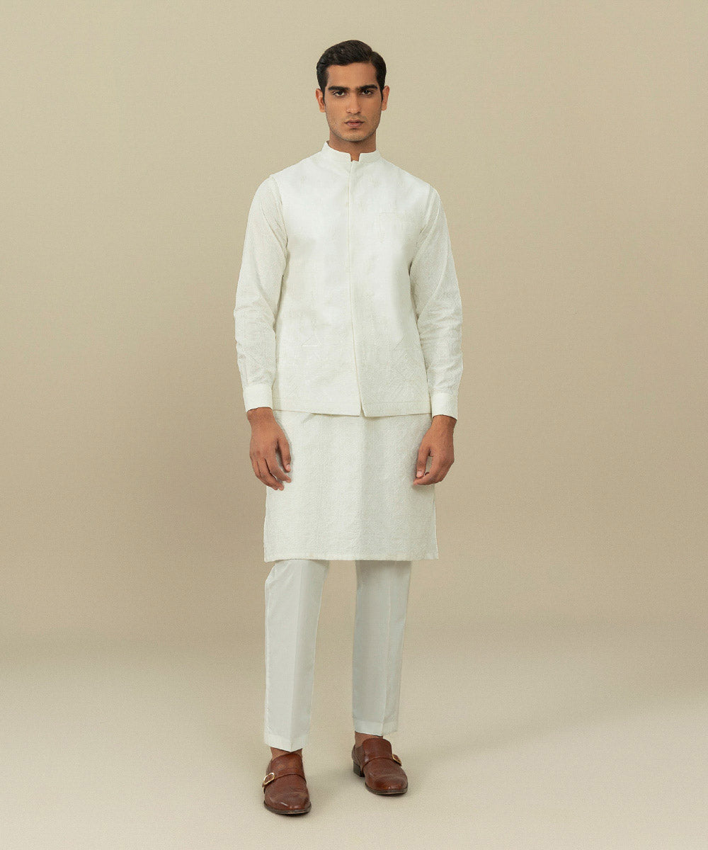 Men's Festive Stitched Cotton Embroidered White Straight Hem Waistcoat