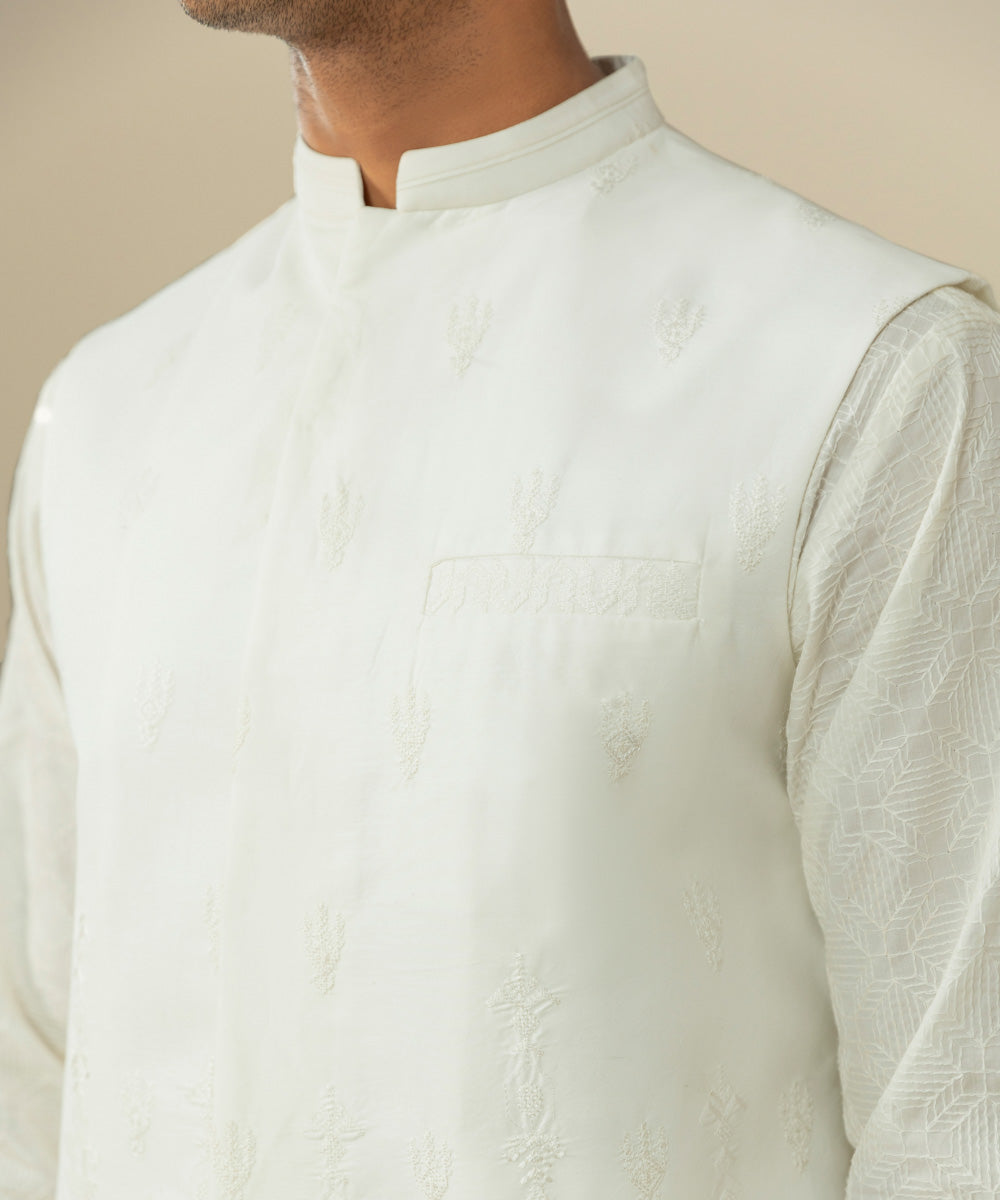 Men's Festive Stitched Cotton Embroidered White Straight Hem Waistcoat