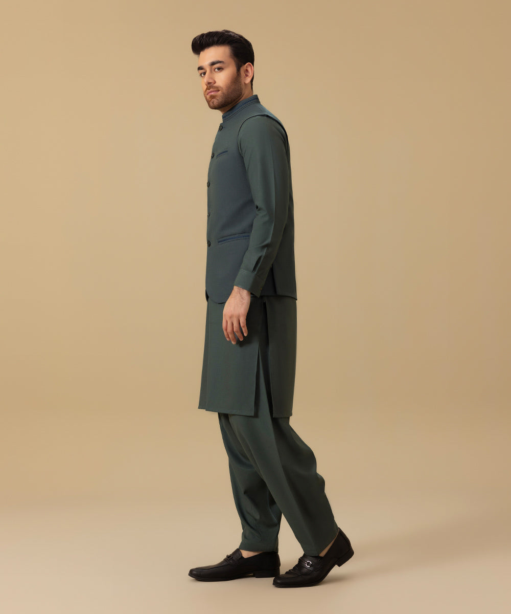 Men's Stitched Tropical Fabric Blue Round Hem Waistcoat