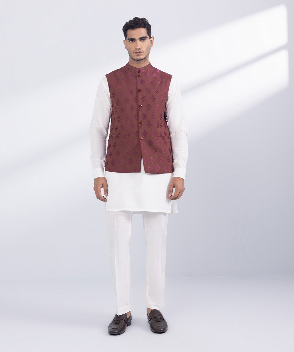 Men's Stitched Maroon Blended Twill Waistcoat