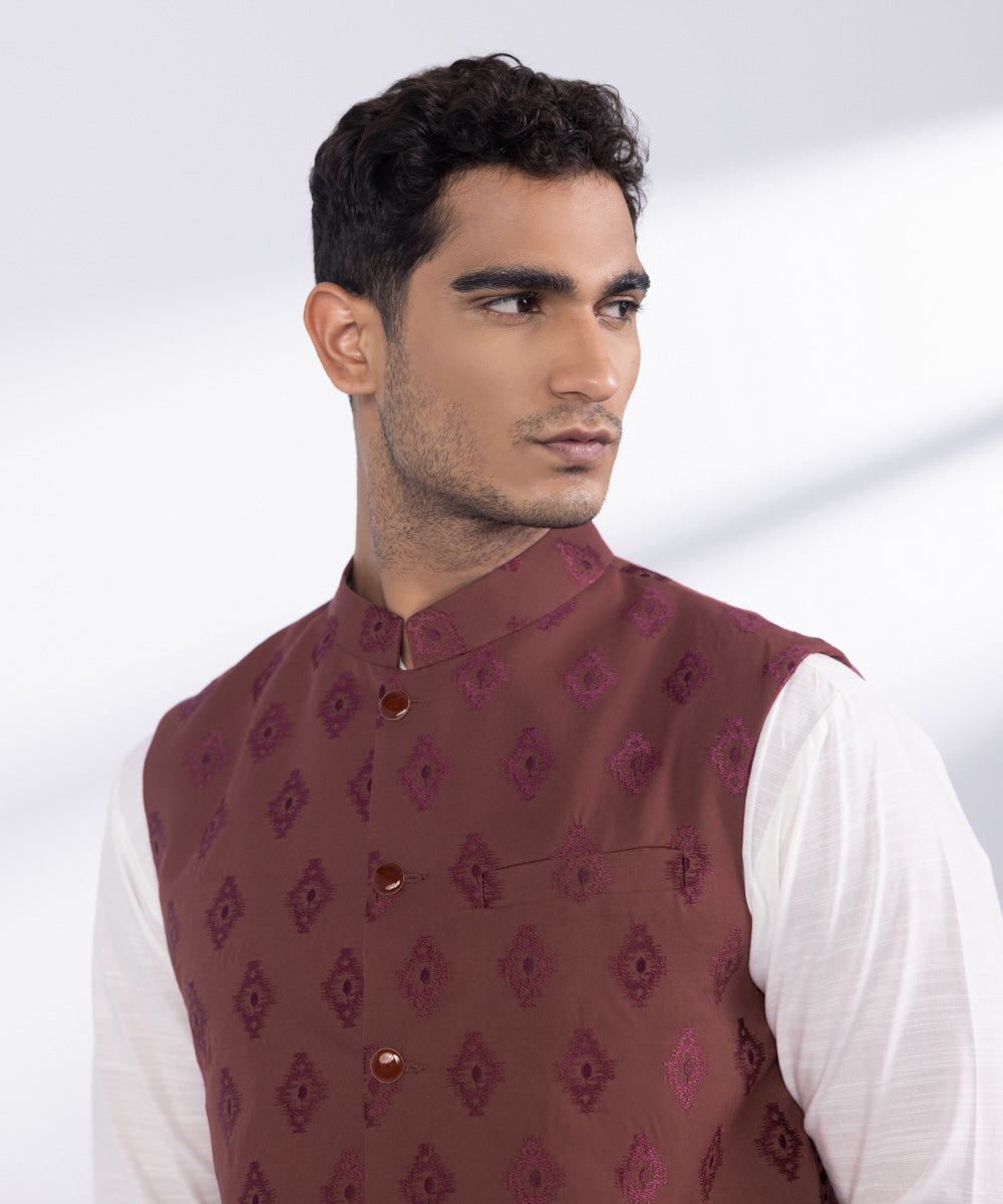 Men's Stitched Maroon Blended Twill Waistcoat