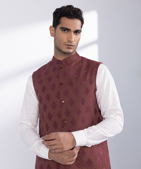 Men's Stitched Maroon Blended Twill Waistcoat