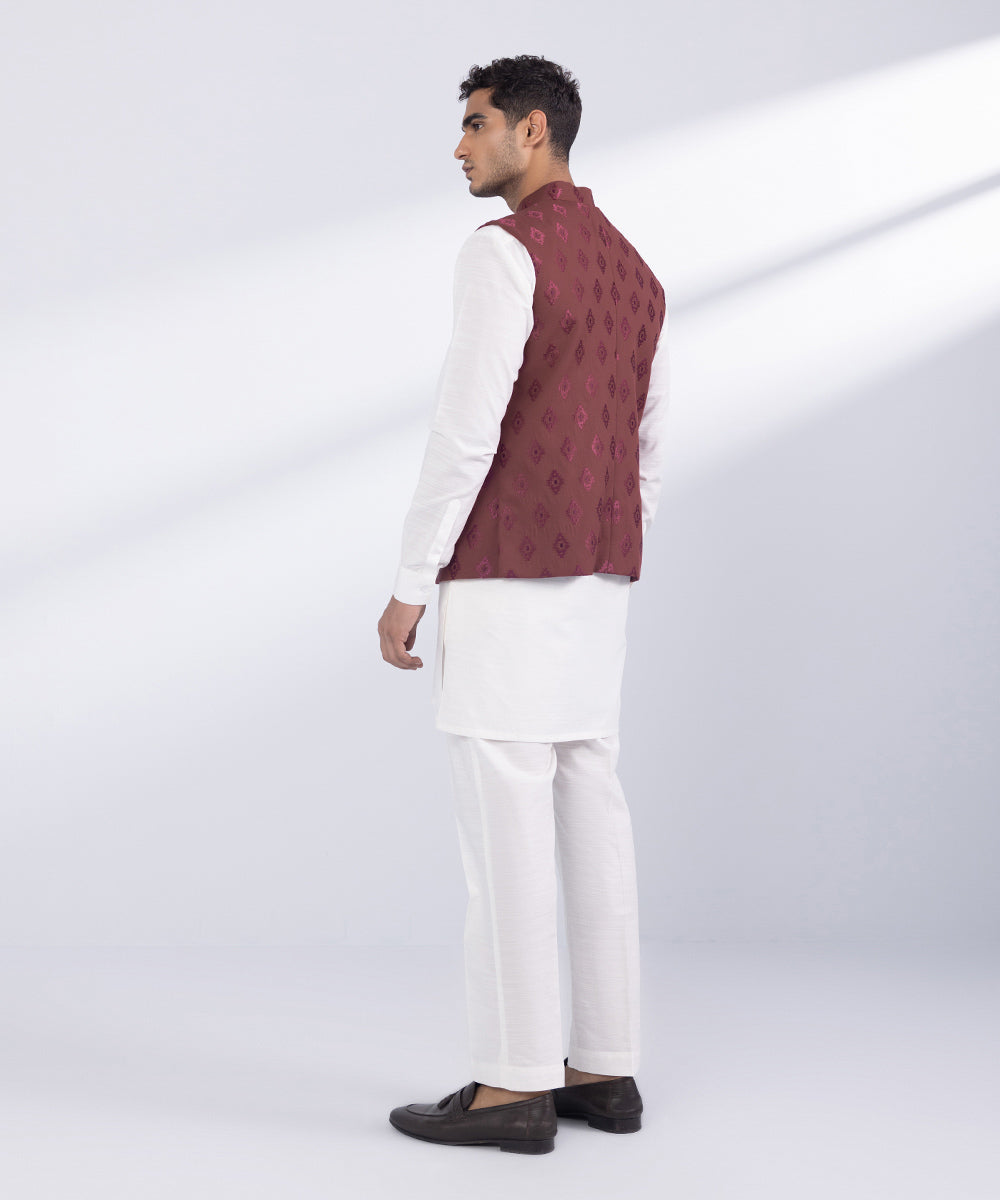 Men's Stitched Maroon Blended Twill Waistcoat