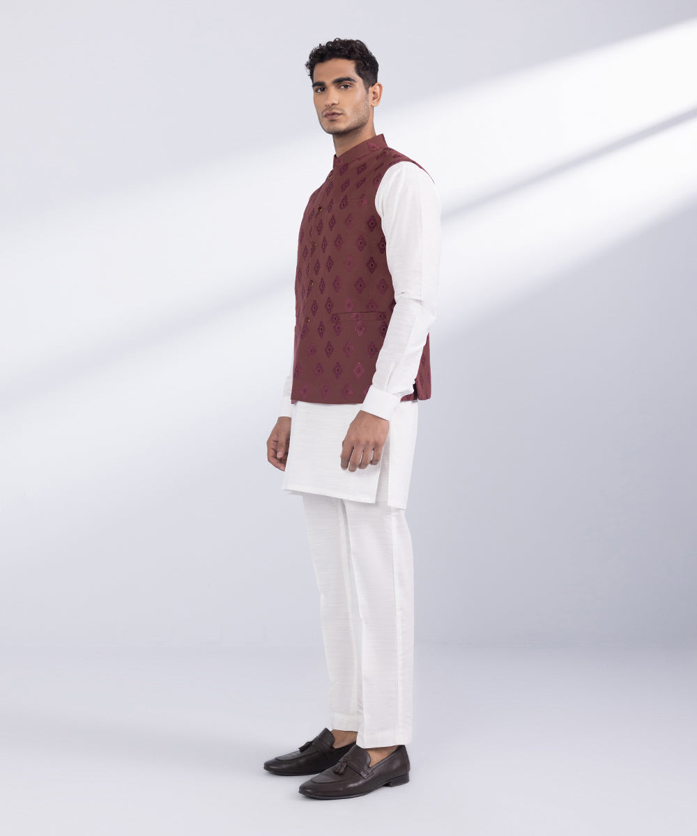 Men's Stitched Maroon Blended Twill Waistcoat