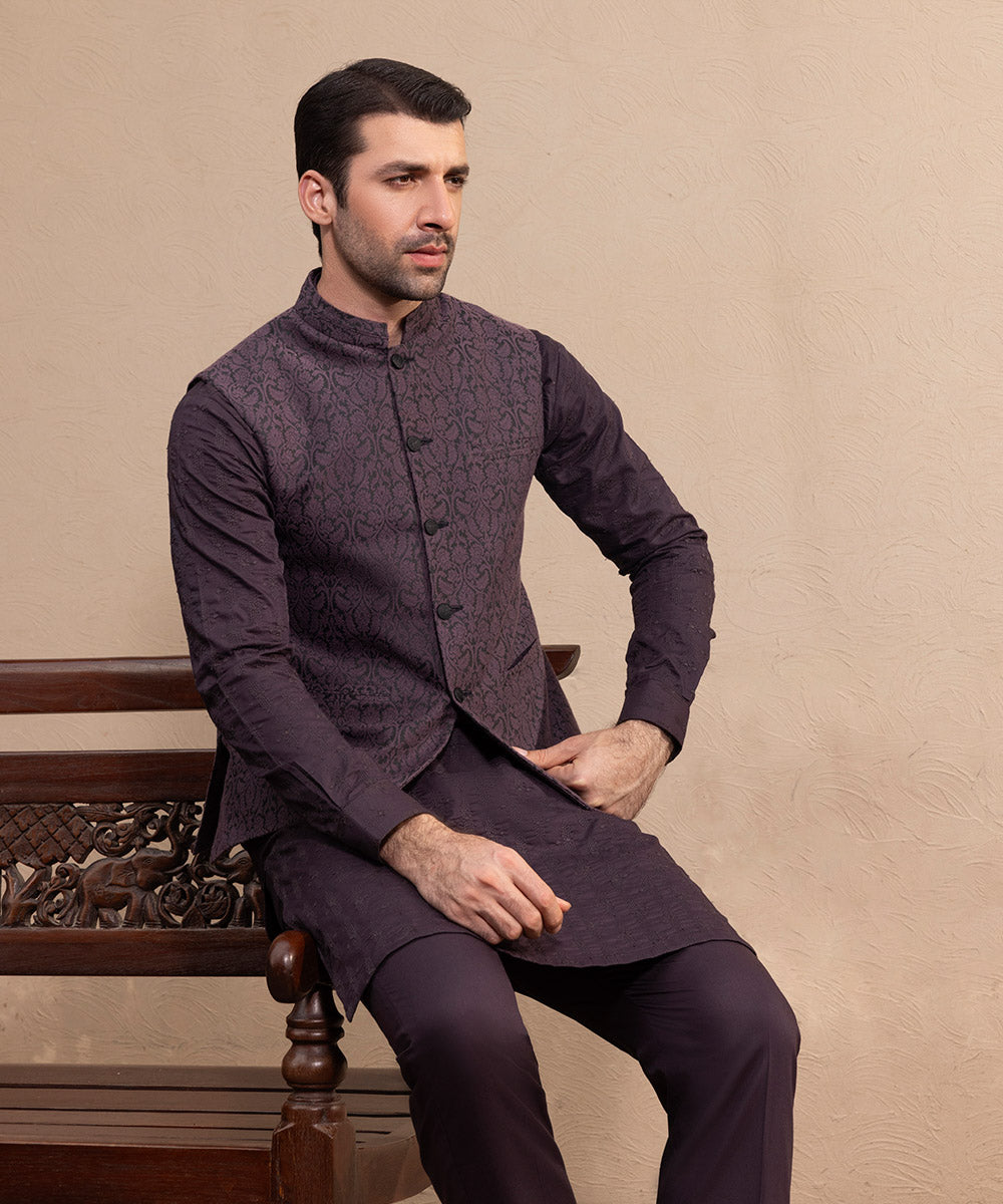 Men's Stitched Plum Jamawar Karandi Waistcoat