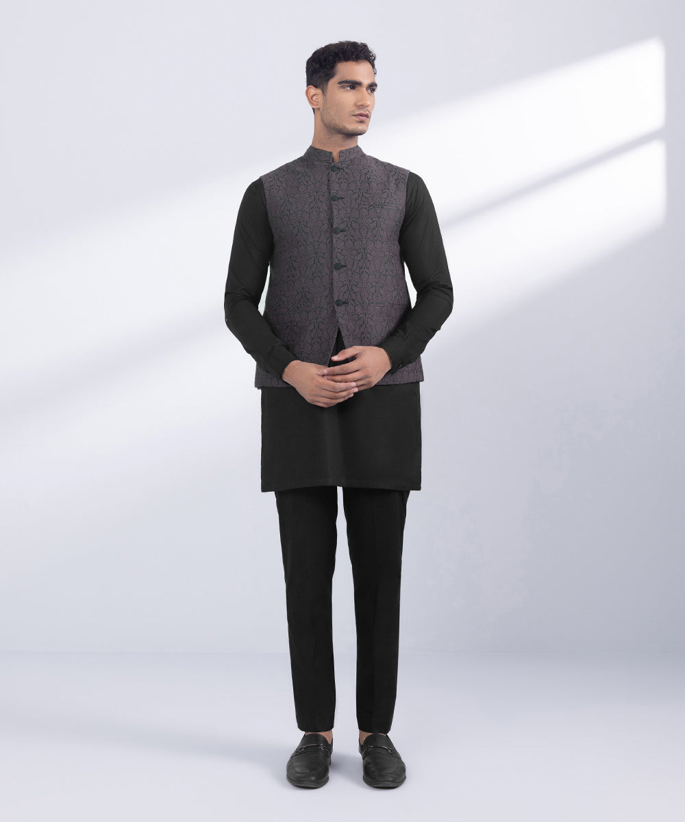 Men's Stitched Plum Jamawar Karandi Waistcoat