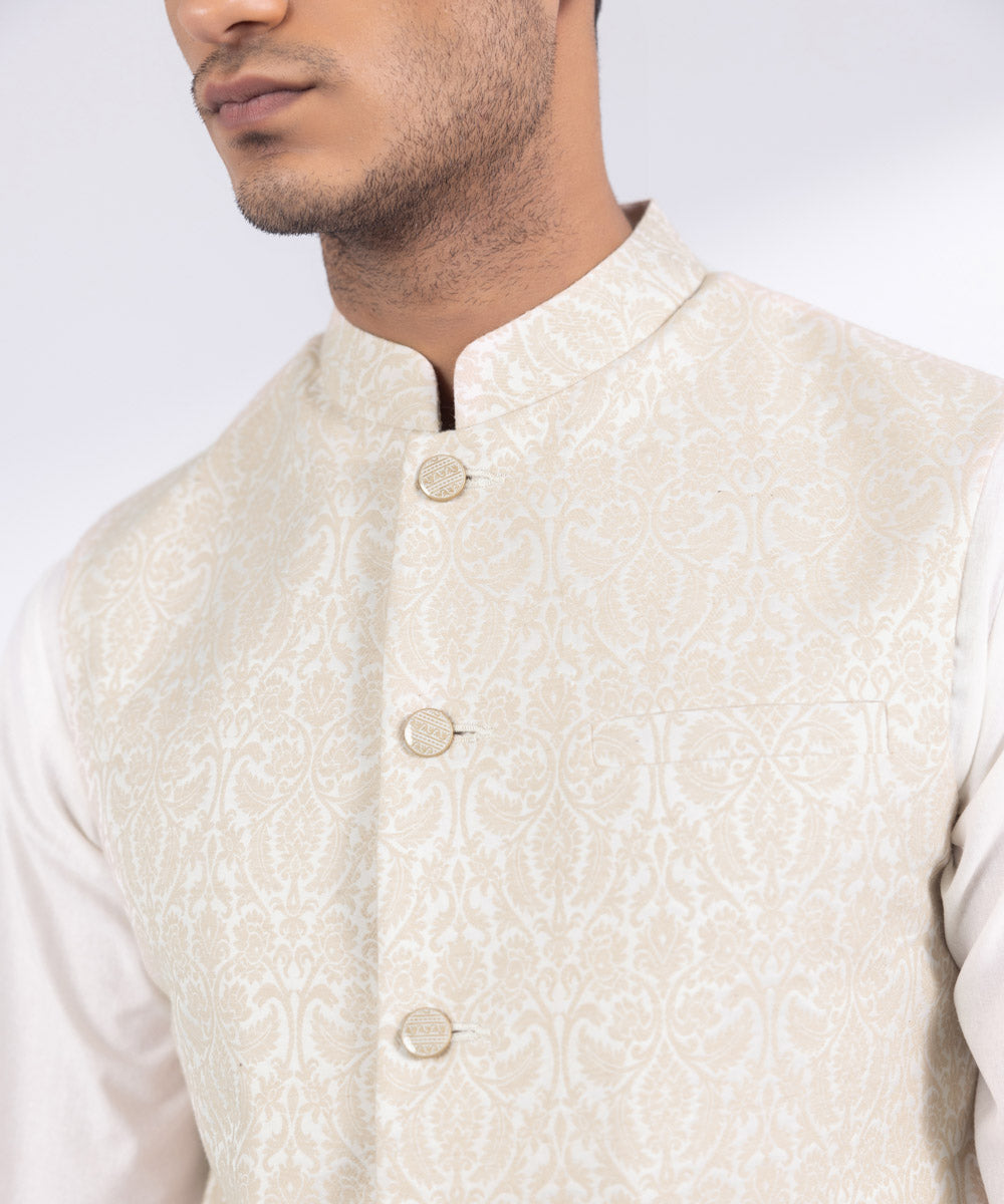 Men's Stitched Beige Jamawar Karandi Waistcoat