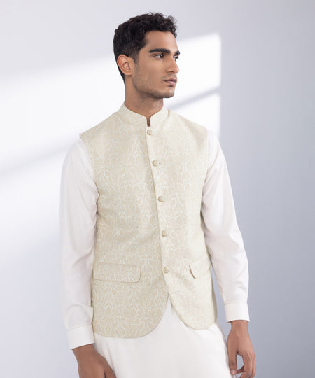 Men's Stitched Beige Jamawar Karandi Waistcoat