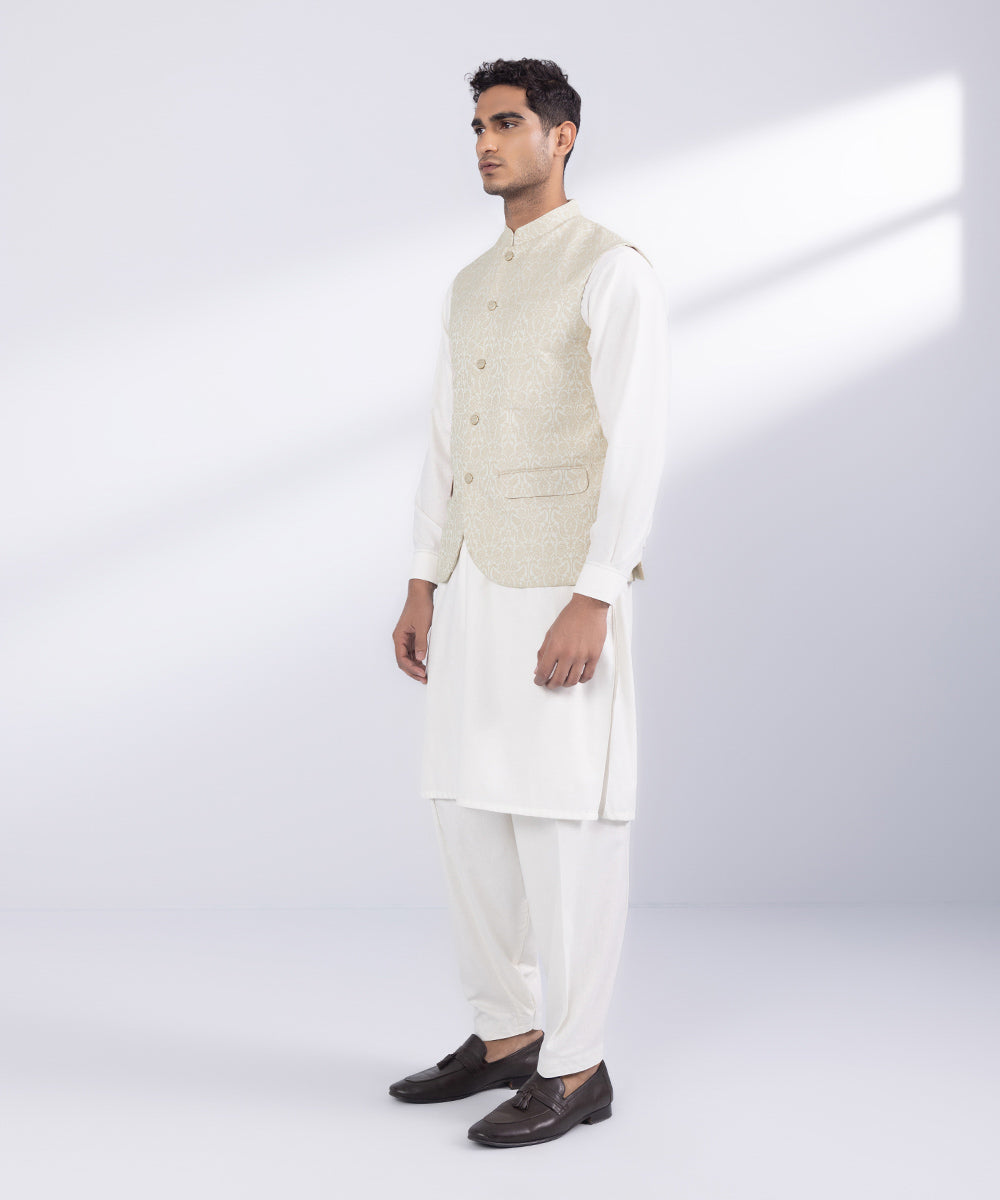 Men's Stitched Beige Jamawar Karandi Waistcoat