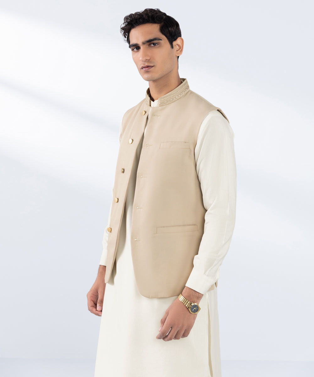 Men's Stitched Embroidered Beige Premium Wash & Wear Waistcoat