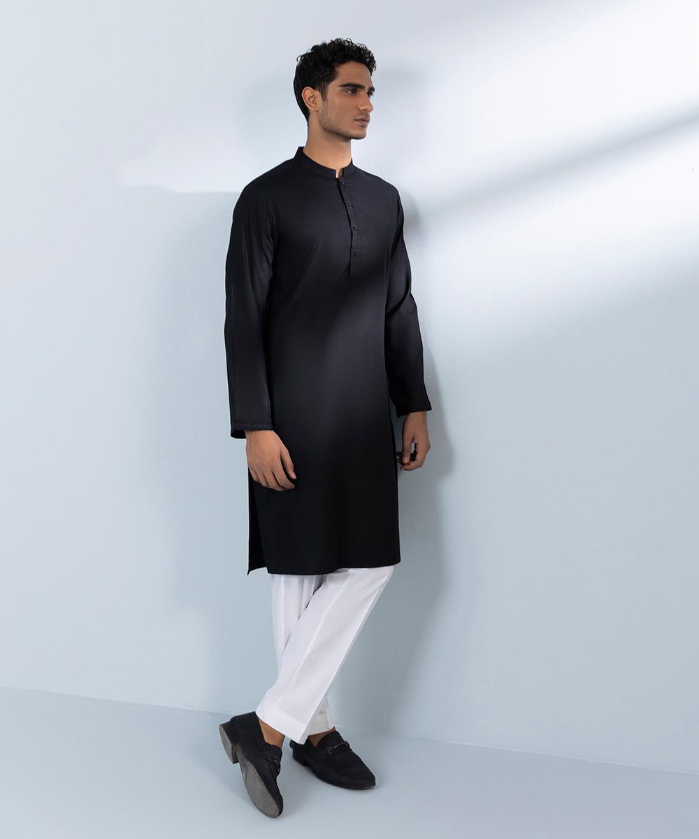 Men's Stitched Jacquard Wash & Wear Black Straight Hem Kurta