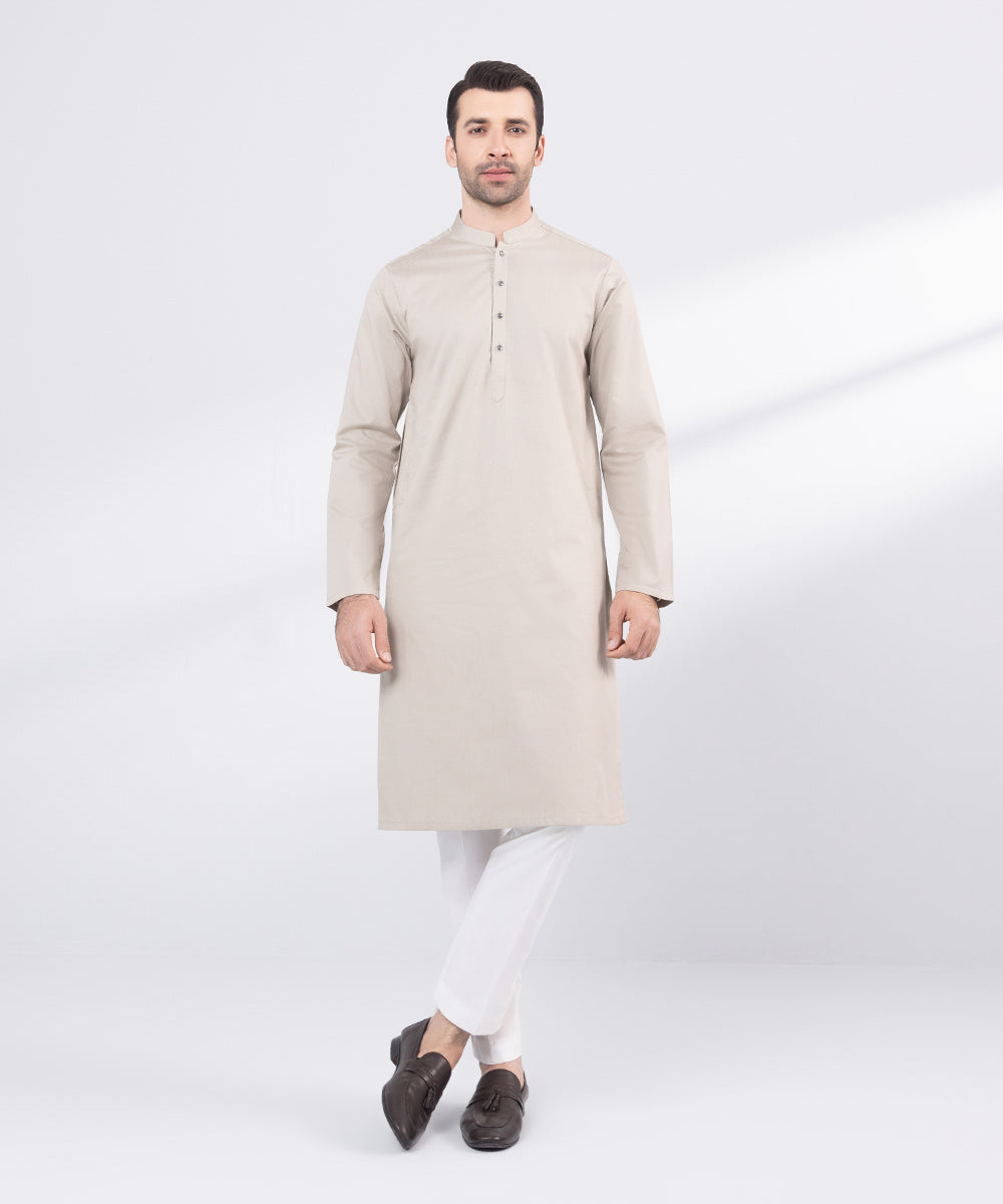 Men's Stitched Beige Cotton Jacquard Kurta