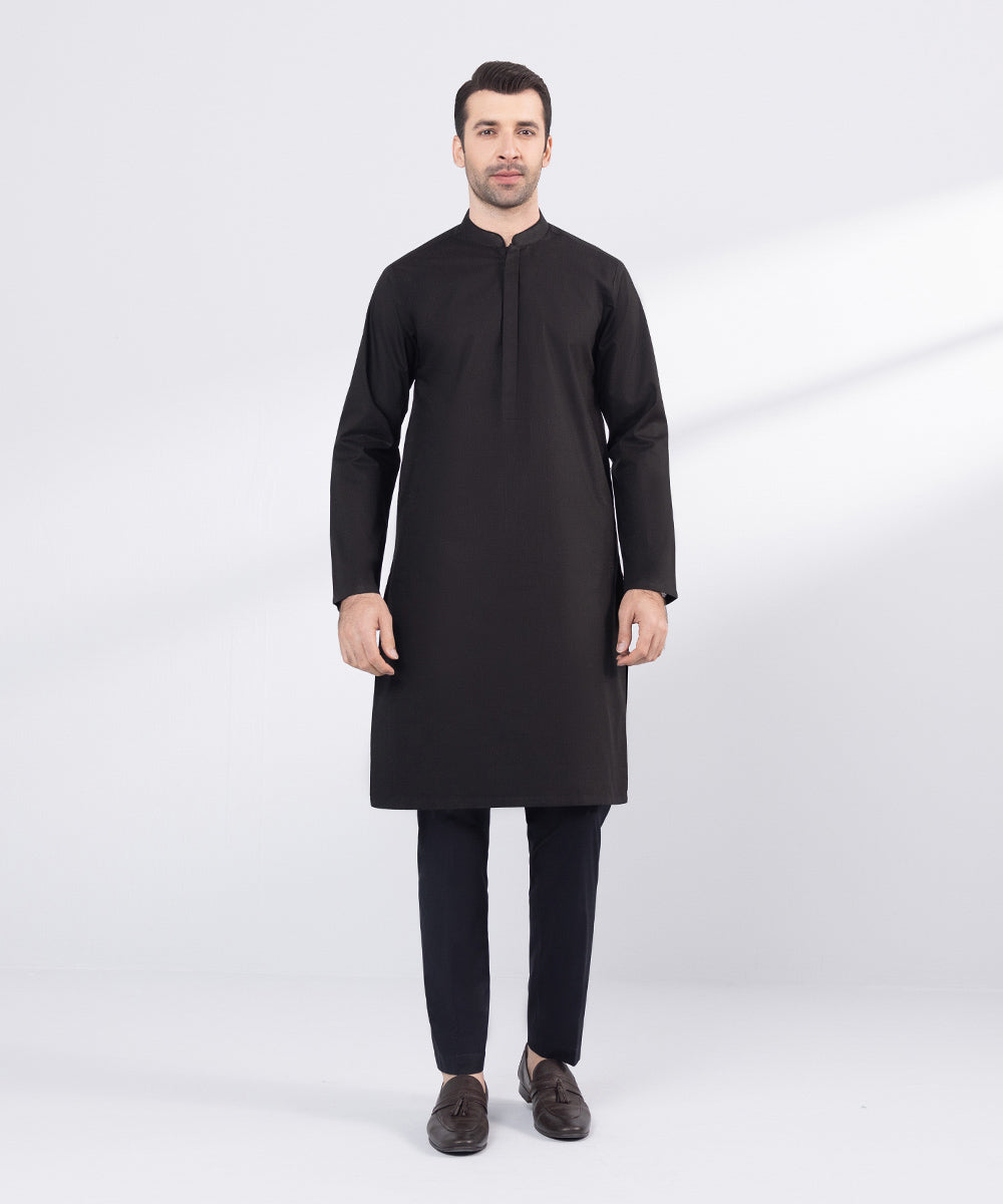 Men's Stitched Black Cotton Jacquard Kurta