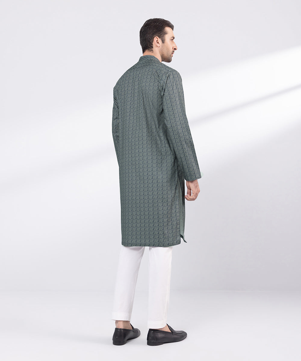 Men's Stitched Blue Printed Cotton Kurta