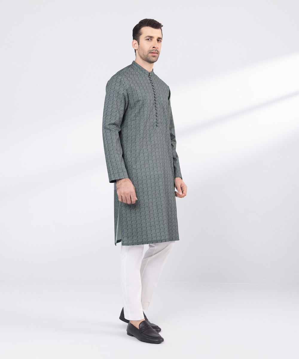 Men's Stitched Blue Printed Cotton Kurta