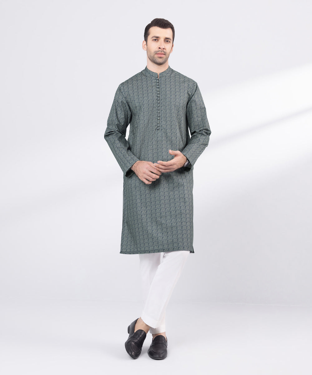 Men's Stitched Blue Printed Cotton Kurta