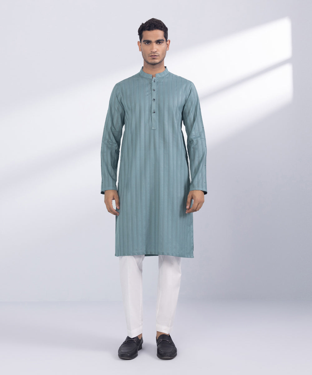 Men's Stitched Sea Grey Cotton Kurta