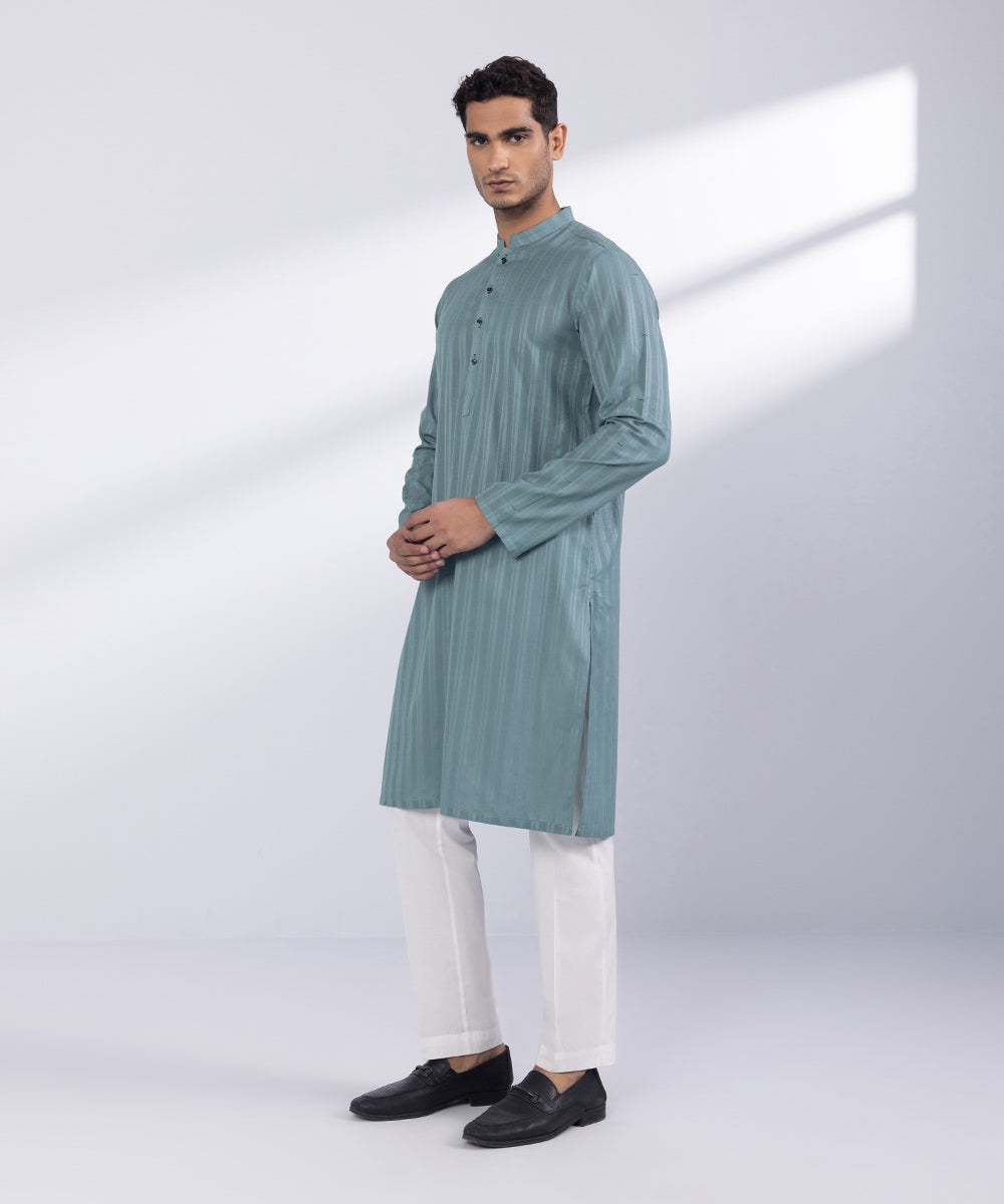 Men's Stitched Sea Grey Cotton Kurta