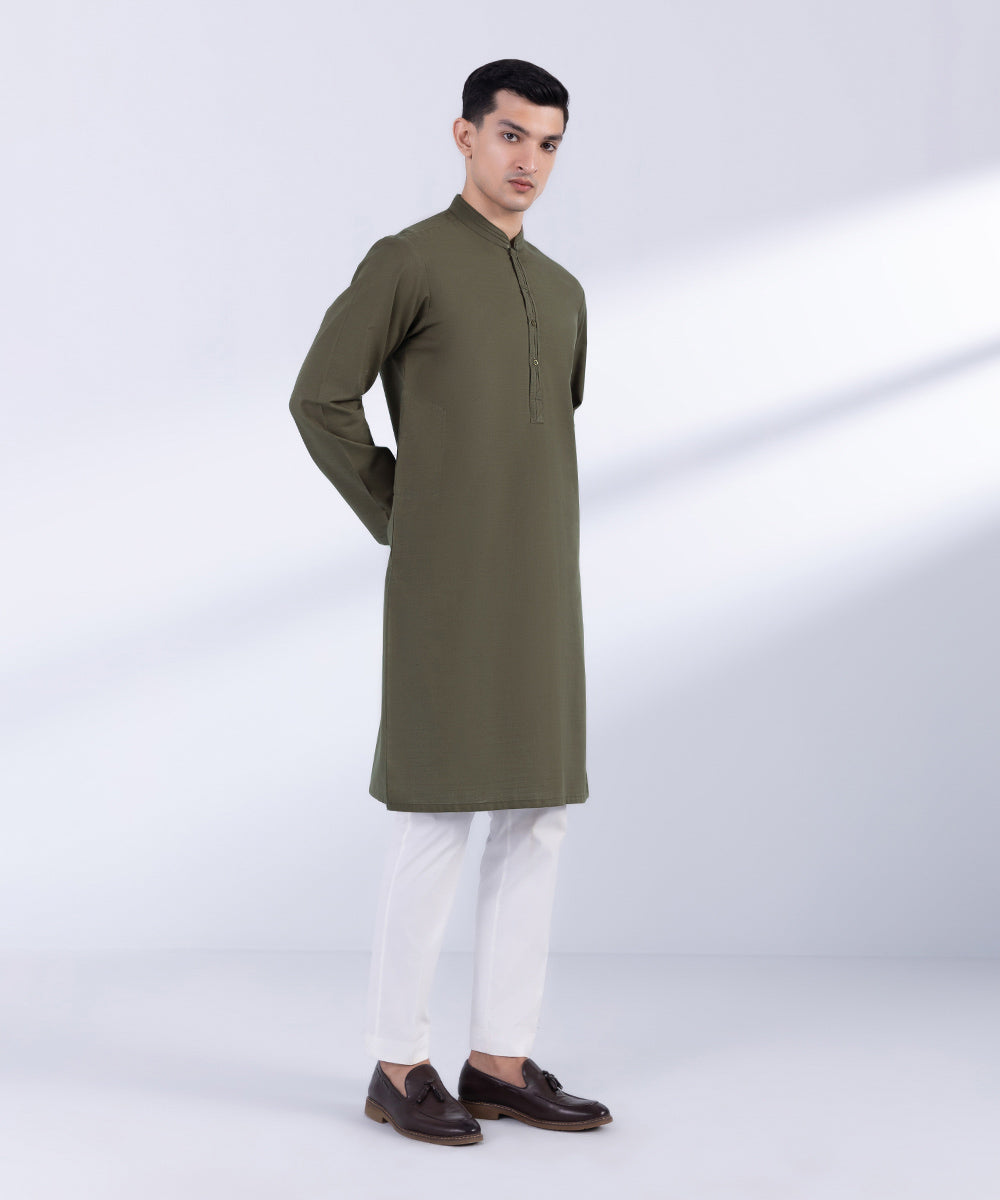 Men's Stitched Dark Olive Khaddar Kurta