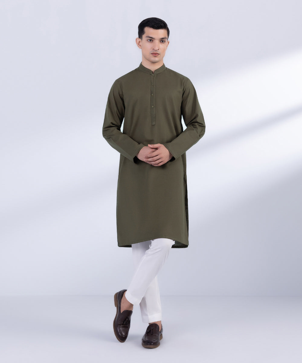 Men's Stitched Dark Olive Khaddar Kurta