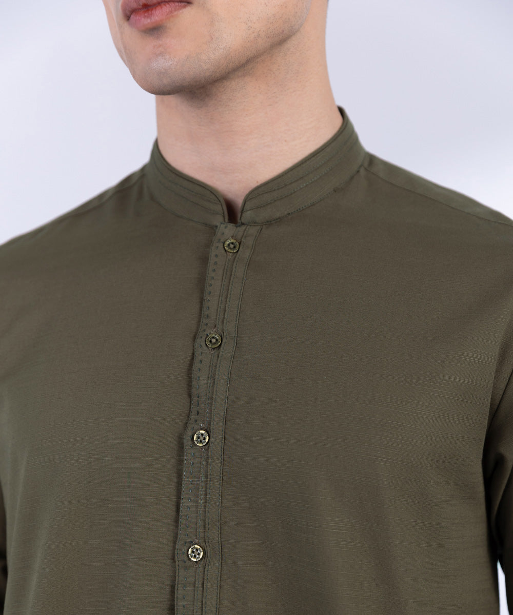 Men's Stitched Dark Olive Khaddar Kurta