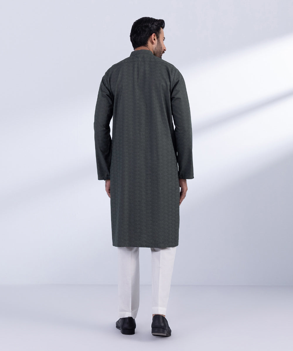 Men's Stitched Charcoal Cotton Jacquard Kurta